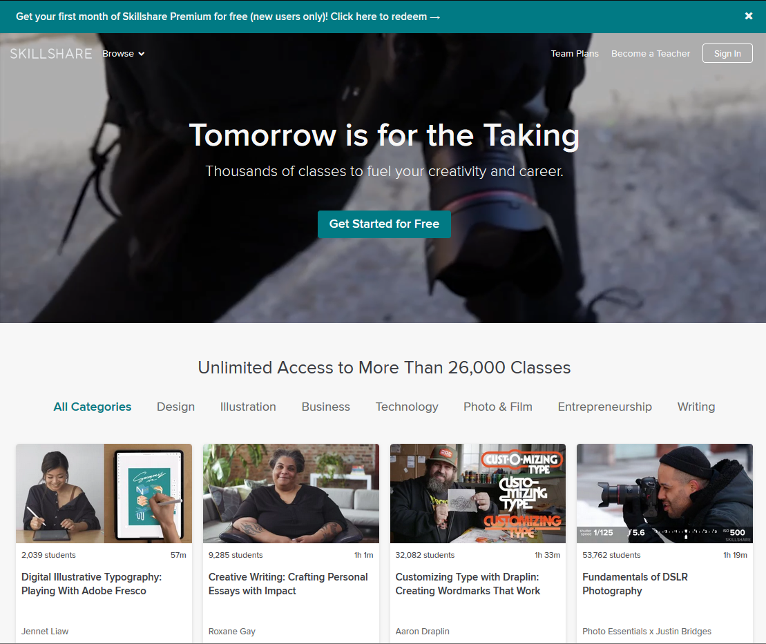 Screenshot of the Skillshare home page