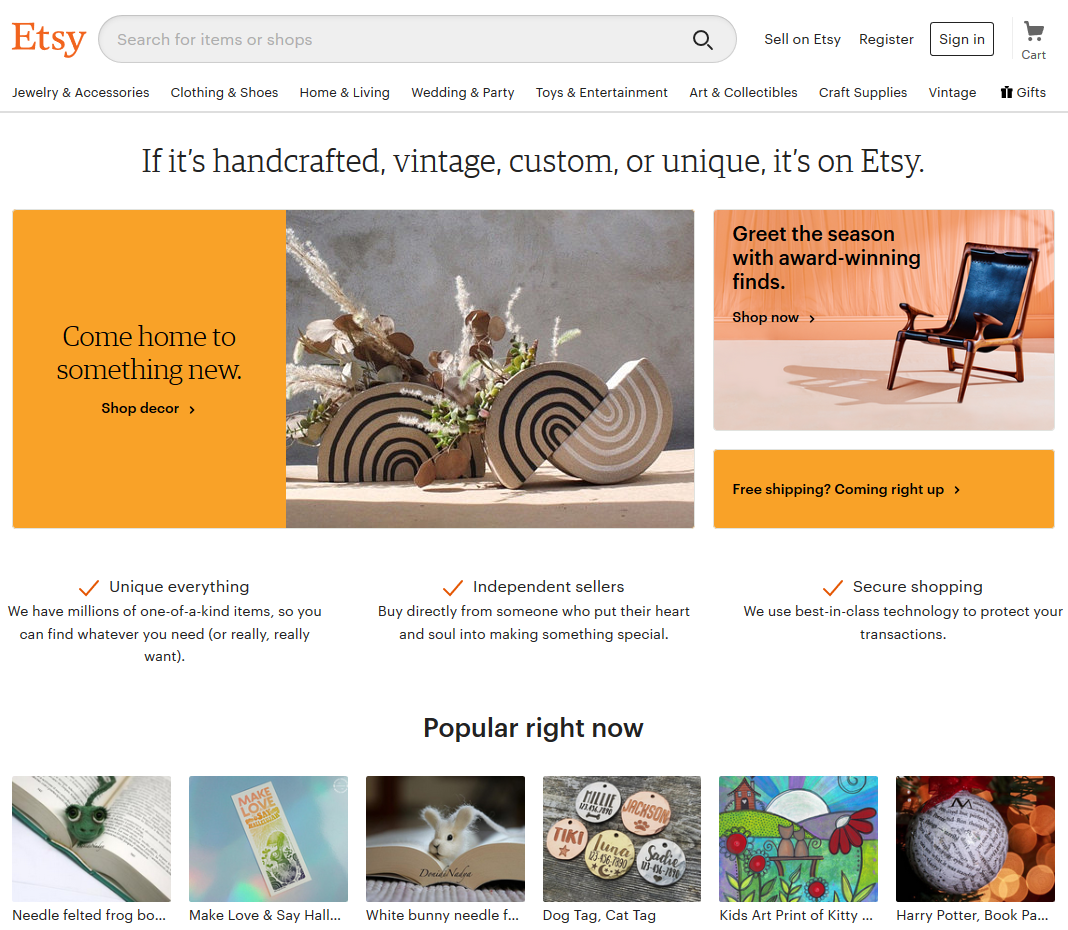 Screenshot of the Etsy homepage
