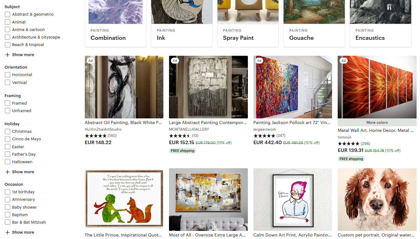Screenshot of the Etsy paintings product page